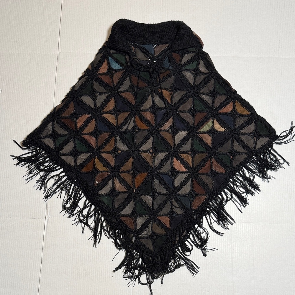VINTAGE Faux Leather Suede‎ Muted Multicolor Patterned Black Knit Sweater Poncho